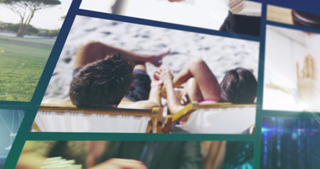 Scrolling composite screens, including couple on beach, digital technology and handshake. global communication, business, technology and leisure concepts, digital composite image.の写真素材
