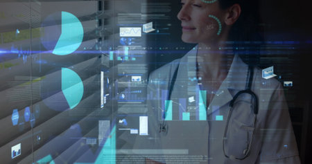 Image of statistics and data processing over female doctor. global medicine, healthcare services,...