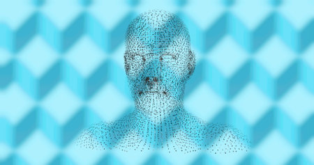 Image of human head formed with binary coding spinning over patterned blue background. science and research concept digitally generated image.の写真素材