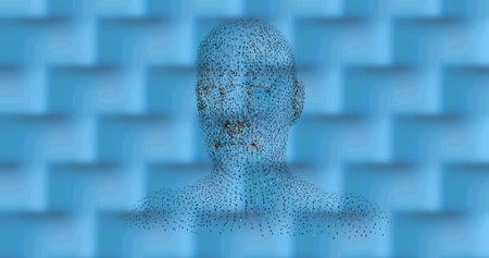 Digital image of human face model spinning against textured pattern on blue background. medical...