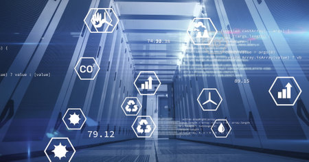 Image of digital icons and data processing over server room. global digital interface, data...