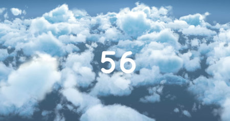 Digital image of the number displayed in bold white text over a cloudy sky background. the composition symbolizes data, networking, and digital connectivity in a serene atmosphereの写真素材