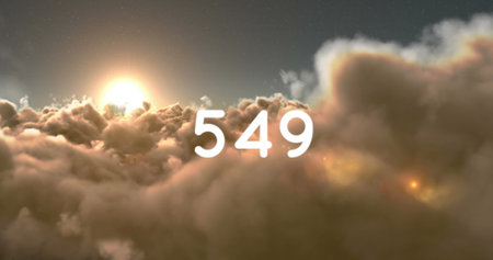 Digital image of the number in bold white text over a scenic sunset in the sky. the composition blends technology with nature, symbolizing digital engagementの写真素材