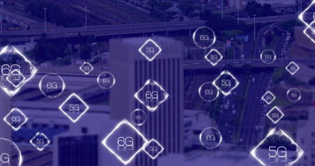 Image of 6g texts over cityscape. global social media, connections and digital interface concept...