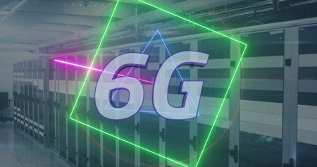 Image of 6g text over server room. global social media, connections and digital interface concept digitally generated image.の写真素材