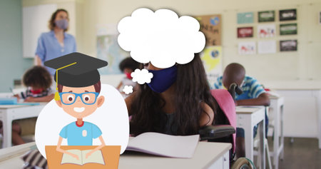 Image of school items icons moving over schoolchildren wearing face masks. education, development and learning concept digitally generated image.の写真素材