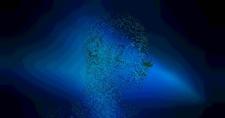 Digital image of human face model spinning against blue background. medical research and science technology conceptの写真素材