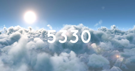 Digital image of the number displayed in bold white text over a cloudy sky background. the...