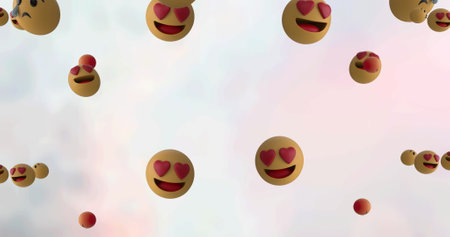 Digital image of multiple face emojis floating against white background. social media networking and technology conceptの写真素材