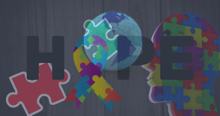 Image of colourful puzzle pieces, globe and hope text. autism, learning difficulties, support and...
