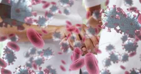Virus cells over female doctor examining sick patient in medical setting. Healthcare, illness,...