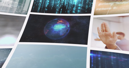 Composite image of nine business, leisure and technology screens. global communication, business, technology and leisure, digital interface concept digitally generated image.の写真素材