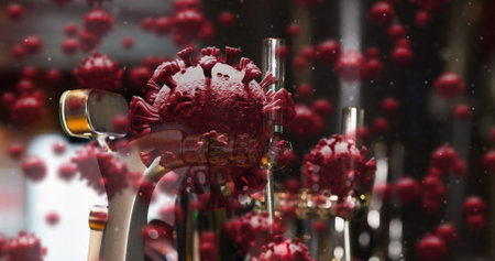 Virus cells floating over empty bar setting, highlighting health care concerns. Healthcare, infection, disease, pandemic, outbreak, epidemiologyの写真素材