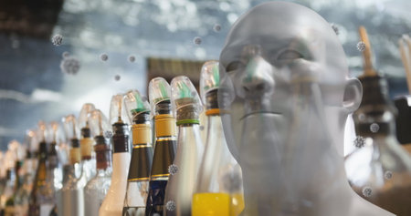 Virus cells floating over human head with bottles in bar background. Healthcare, pandemic, infection, illness, germs, outbreakの写真素材