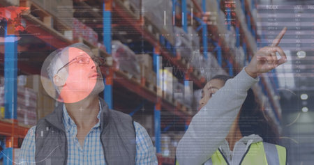 Image of data processing over people working in warehouse. global shipping, delivery and connections...