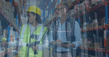 Image of statistics and financial data processing over man and woman working in warehouse. global...