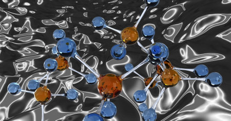 Image of molecules over glowing, liquid, silver background. science and research concept digitally...