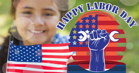 Image of happy labour day text with hand holding wrench over smiling child and american flag. patriotism, independence and celebration concept digitally generated image.の写真素材