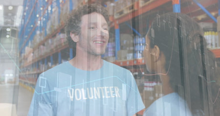 Image of data processing over people embracing in warehouse. global shipping, delivery and connections concept digitally generated image.の写真素材
