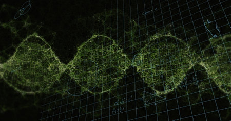Image of dna strand spinning and mathematical equations over grid. science and research concept...