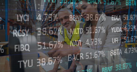 Image of data processing over people working in warehouse. global shipping, delivery and connections concept digitally generated image.の写真素材
