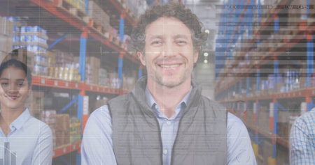 Image of data processing over people working in warehouse. global shipping, delivery and connections...