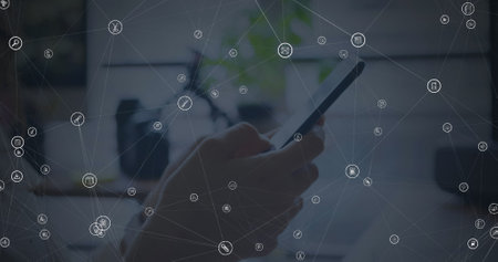 Image of network of connections over woman using smartphone. global business, connections, data...