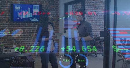 Image of financial data processing over business people talking in office. global business,...