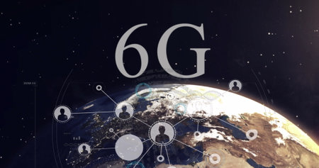 Image of 6g text over globe on black background. global social media, connections and digital...