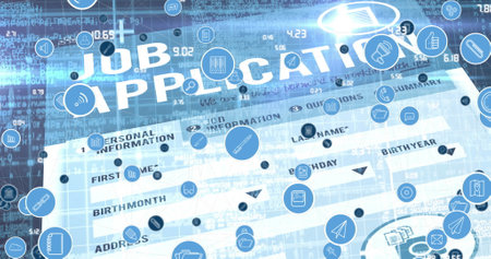 Image of network of connections with icons over job application. social media and communication interface concept digitally generated image.の写真素材