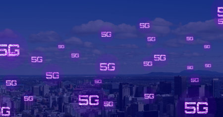 Image of network of connections with 5g text over cityscape. global social media, connections and digital interface concept digitally generated image.の写真素材