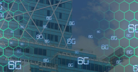 Image of network of connections with 6g text over cityscape. global social media, connections and...