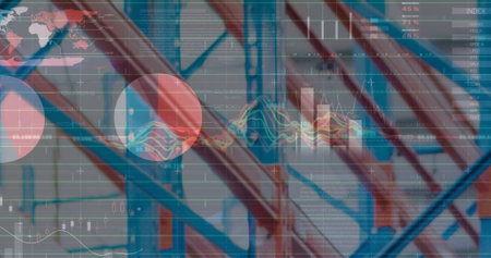 Image of data processing over empty warehouse. global shipping, delivery and connections concept digitally generated image.の写真素材