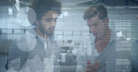 Image of financial data processing over business people in office. global finance, business and digital interface concept digitally generated image.の写真素材