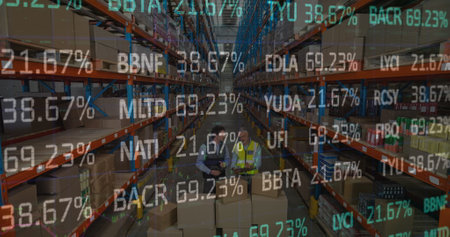 Image of data processing over people working in warehouse. global shipping, delivery and connections concept digitally generated image.の写真素材
