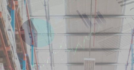 Image of data processing over empty warehouse. global shipping, delivery and connections concept...