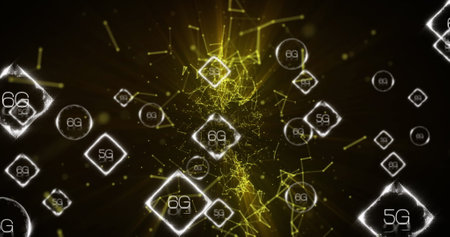 Image of network of connections with 5g and 6g text over shapes. global social media, connections and digital interface concept digitally generated image.の写真素材