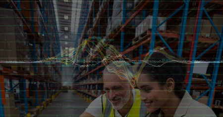 Image of data processing over people working in warehouse. global shipping, delivery and connections...