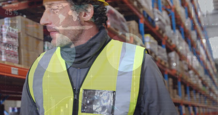 Image of data processing over people working in warehouse. global shipping, delivery and connections...