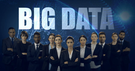 Business team standing confidently under big data concept in corporate environment. Teamwork, technology, innovation, leadership, strategy, analyticsの写真素材