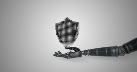 Robotic arm holding digital shield symbolizing cybersecurity in technology industry. protection, innovation, automation, robotics, safety, defenseの写真素材