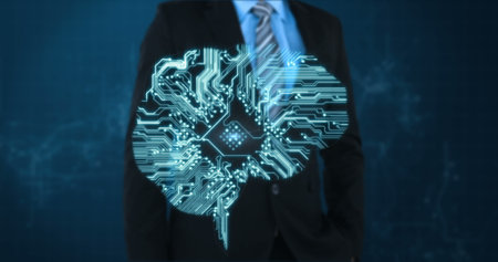 Businessman in suit with digital brain hologram, symbolizing artificial intelligence. Technology, innovation, futuristic, corporate, holographic, virtualの写真素材