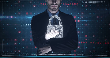 Holding digital lock, businessman symbolizing cybersecurity and data protection in office. data...