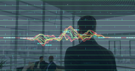 Image of data processing over business people working in office. global business, connections, digital interface and technology concept digitally generated image.の写真素材