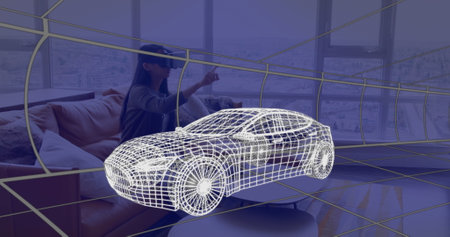 Image of 3d technical drawing of car, over woman at home wearing vr headset. technology, design and digital interface concept digitally generated image.の写真素材
