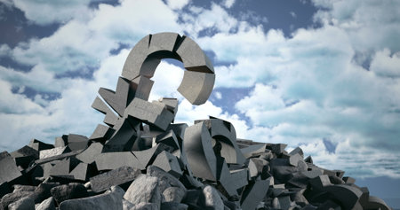 Giant broken question mark sculpture lying on rocky terrain under cloudy sky. Art, abstract, landscape, creativity, installation, outdoorの写真素材