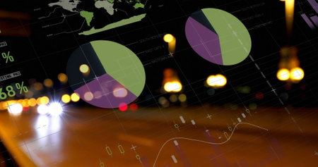 Image of statistics processing over out of focus lights and cityscape. business, data processing,...