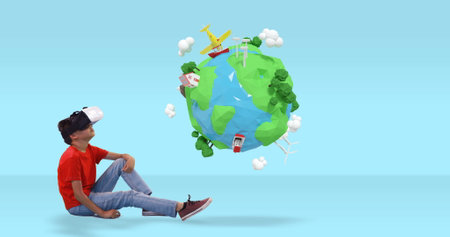Boy using VR headset exploring virtual world with floating 3D globe. Virtual reality, technology,...