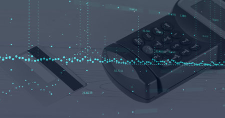 Image of data processing over payment terminal. global shopping, business, digital interface, technology and networking concept digitally generated image.の写真素材