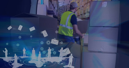 Organizing boxes in warehouse, worker in safety vest with digital overlay concept. Logistics,...